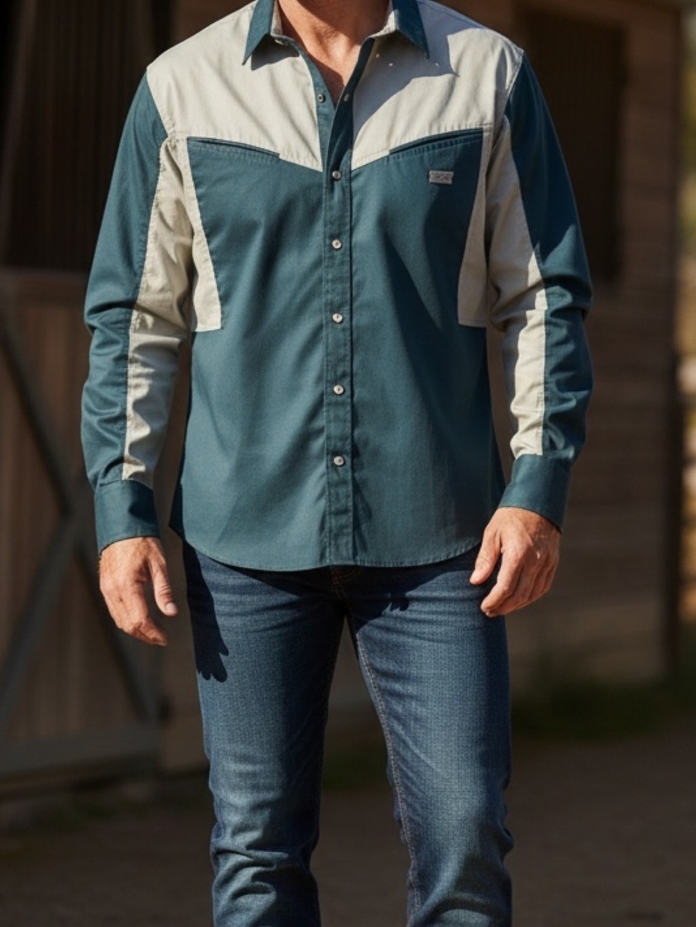 Roper Teal and Cream Western Button-Down Shirt